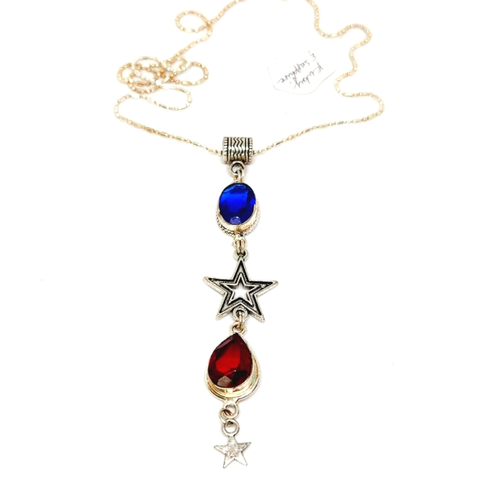 Lab Ruby & Sapphire 925 Sterling Silver Celestial Star Y Drop Pendant Necklace